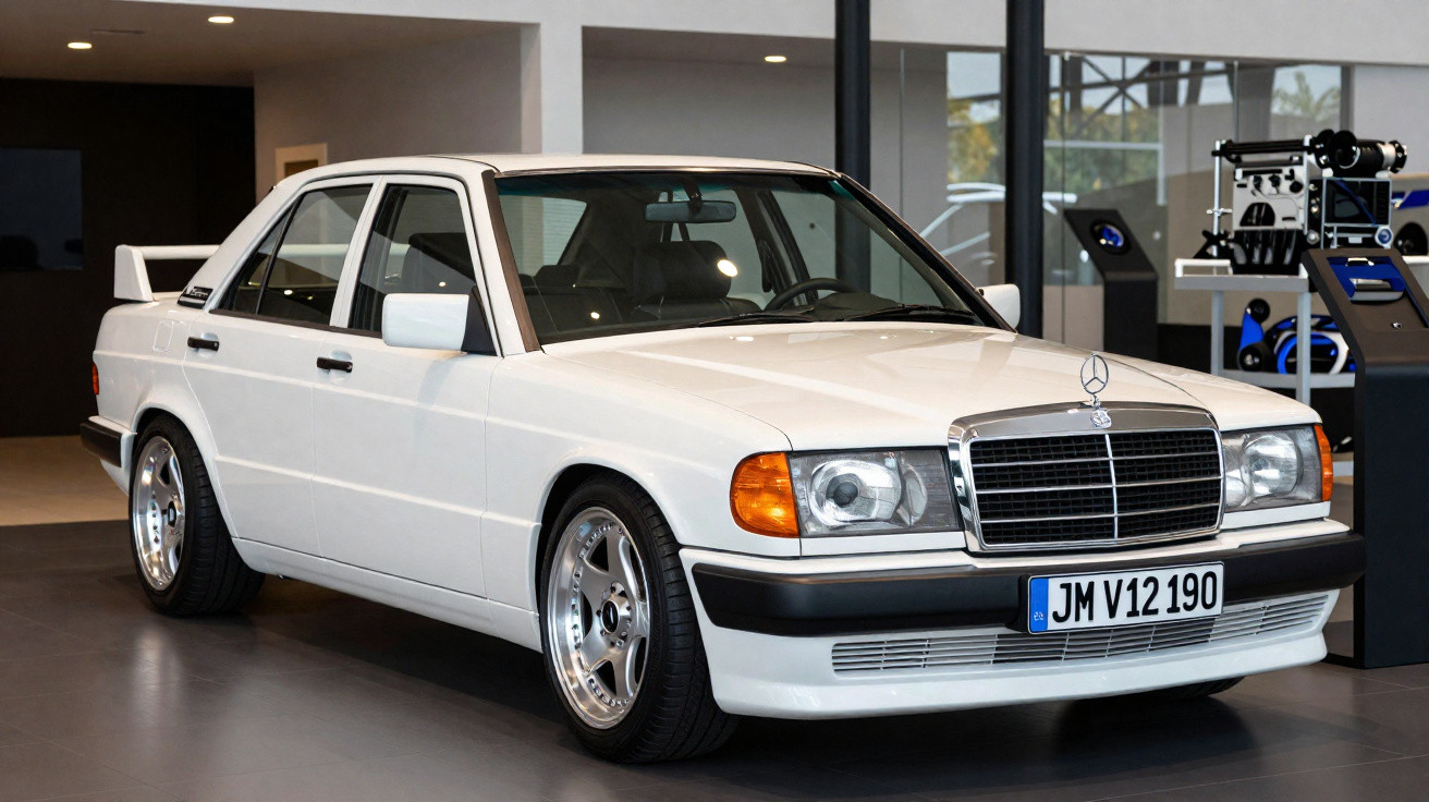Weißer klassischer Mercedes-Benz Oldtimer in Innenraum mit glänzenden Felgen und Frontansicht.