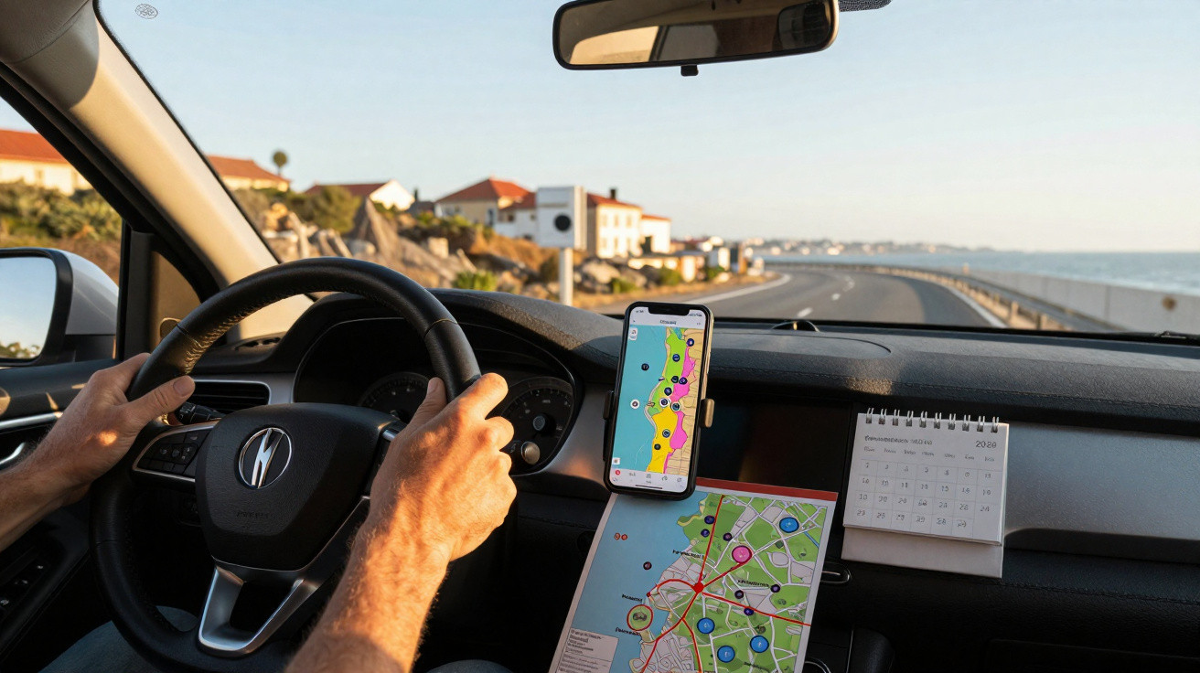 Blick vom Fahrersitz auf Lenkrad, Smartphone mit Karte und Straßenabschnitt am Meer bei Sonnenlicht.