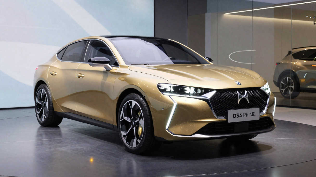 Goldfarbener DS4 Prime Limousine mit markantem LED-Scheinwerfer und sportlichen Felgen in Ausstellungsraum