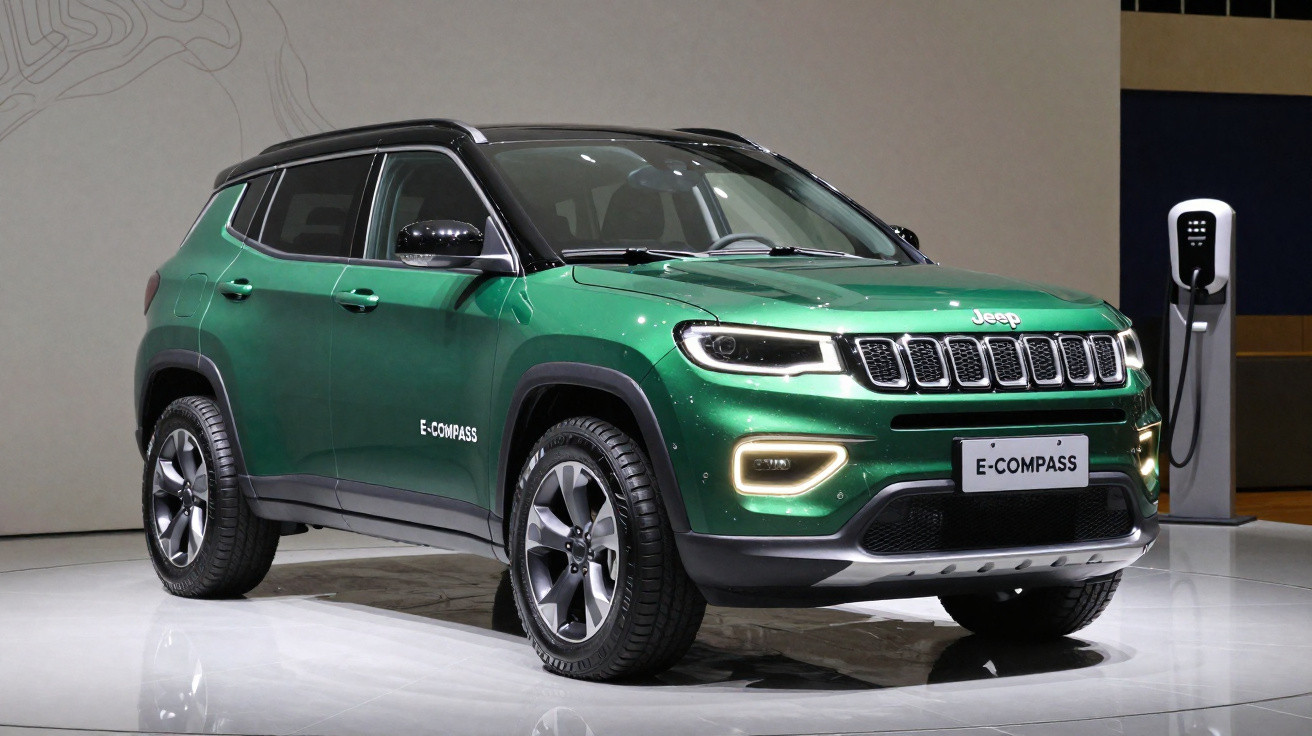 Grüner Jeep E-Compass Elektro-SUV neben Ladestation auf weißem Messeboden vor grauer Wand.