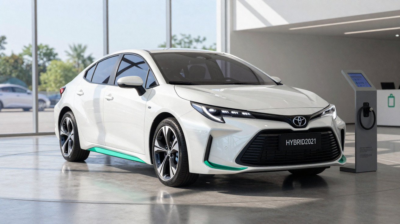 Weißer Toyota Hybrid 2021 in moderner Ausstellungshalle, Ladestation im Hintergrund sichtbar.
