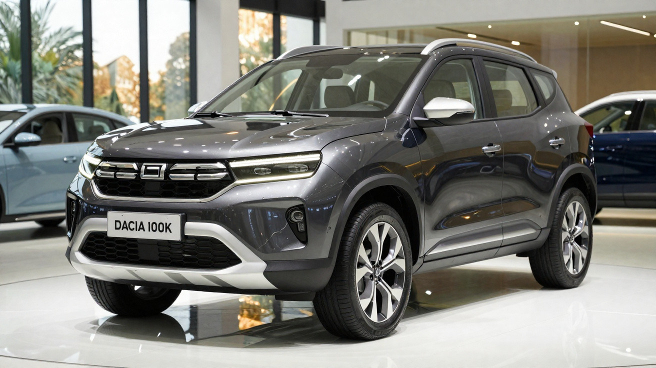 Graues Dacia 100K SUV steht in einem hellen Autohaus, moderne LED-Scheinwerfer, weiße Akzente am Stoßfänger.