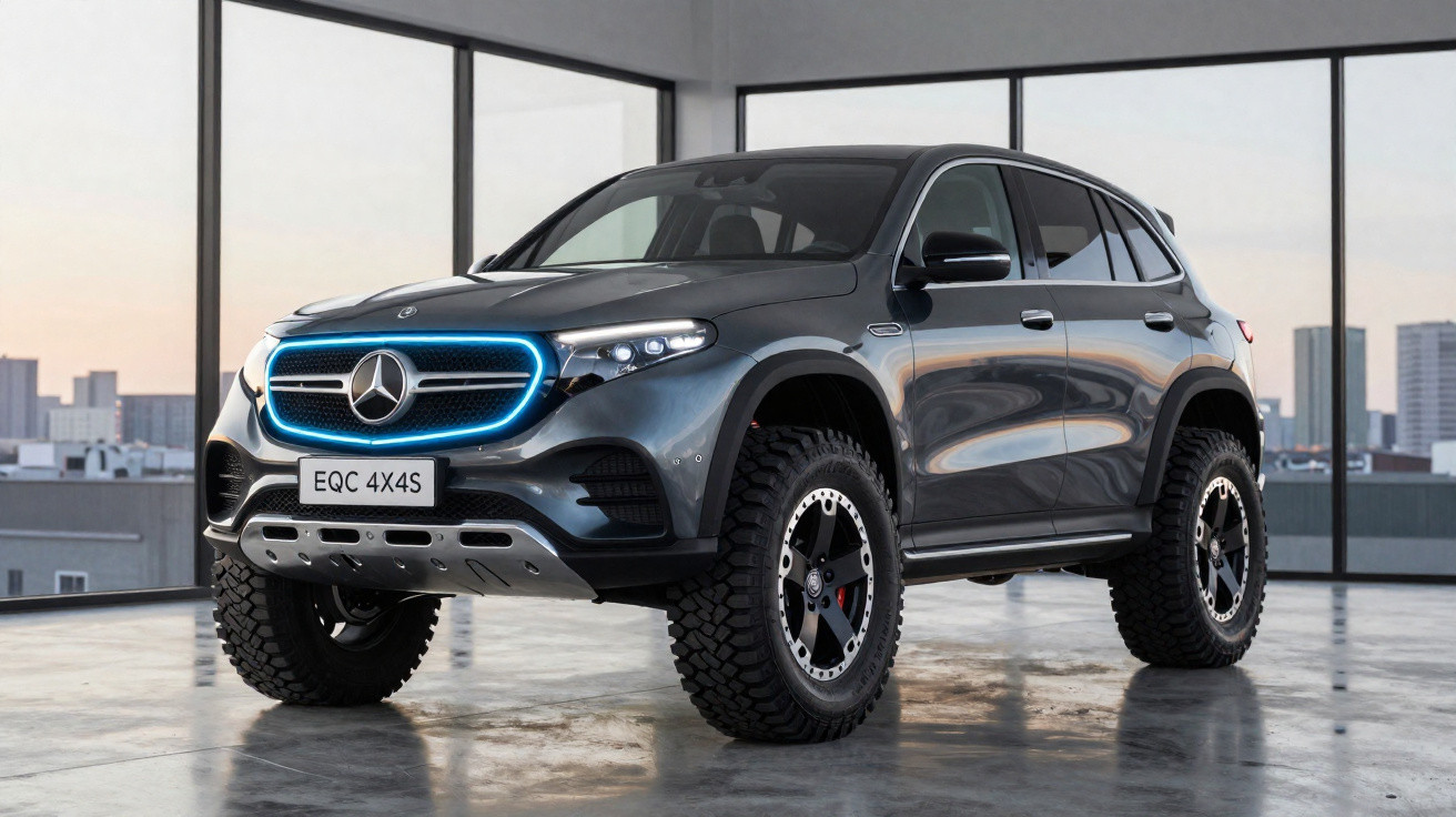 Mercedes-Benz EQC 4x4² Elektro-SUV in Grau mit leuchtendem Blauring um den Kühlergrill in moderner Halle.