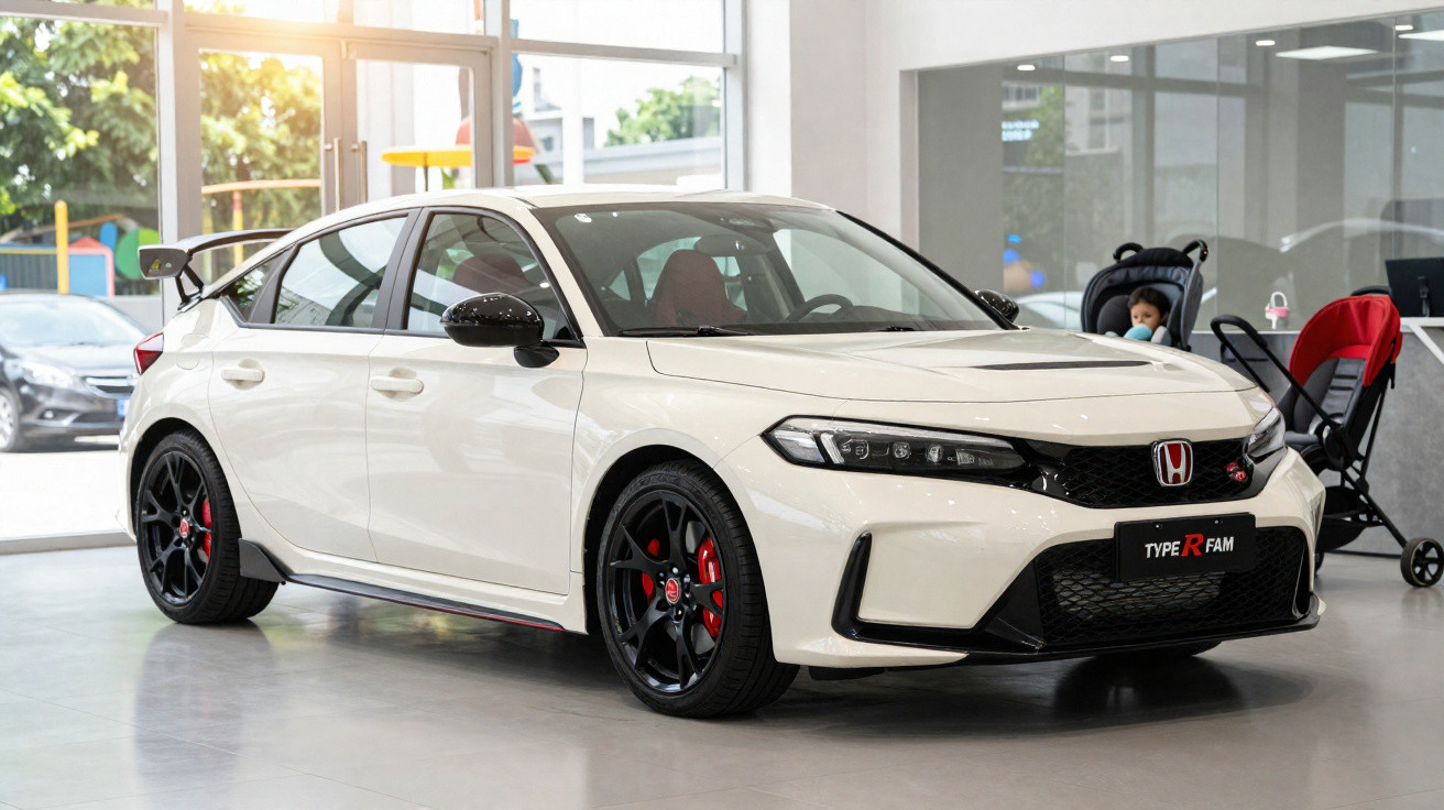 Weißer Honda Type R Sportwagen mit schwarzem Spoiler und roten Akzenten in einem Autohaus.