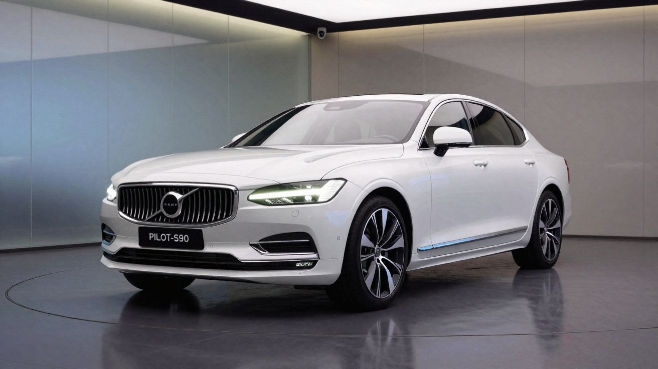 Weißer Volvo S90 Limousine in modernem Ausstellungsraum mit Beleuchtung und spiegelndem Boden.