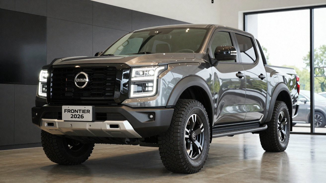 Graumetallischer Nissan Frontier 2026 Pick-up in Innenraum mit moderner Beleuchtung und robustem Design.