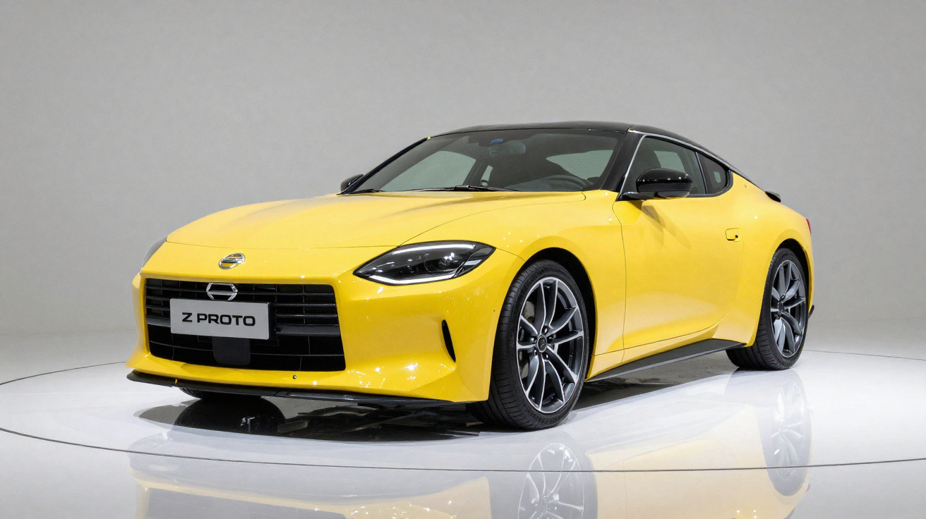 Gelber Nissan Z Proto Sportwagen mit schwarzem Dach auf weißem Studiohintergrund, Front-Seitenansicht.