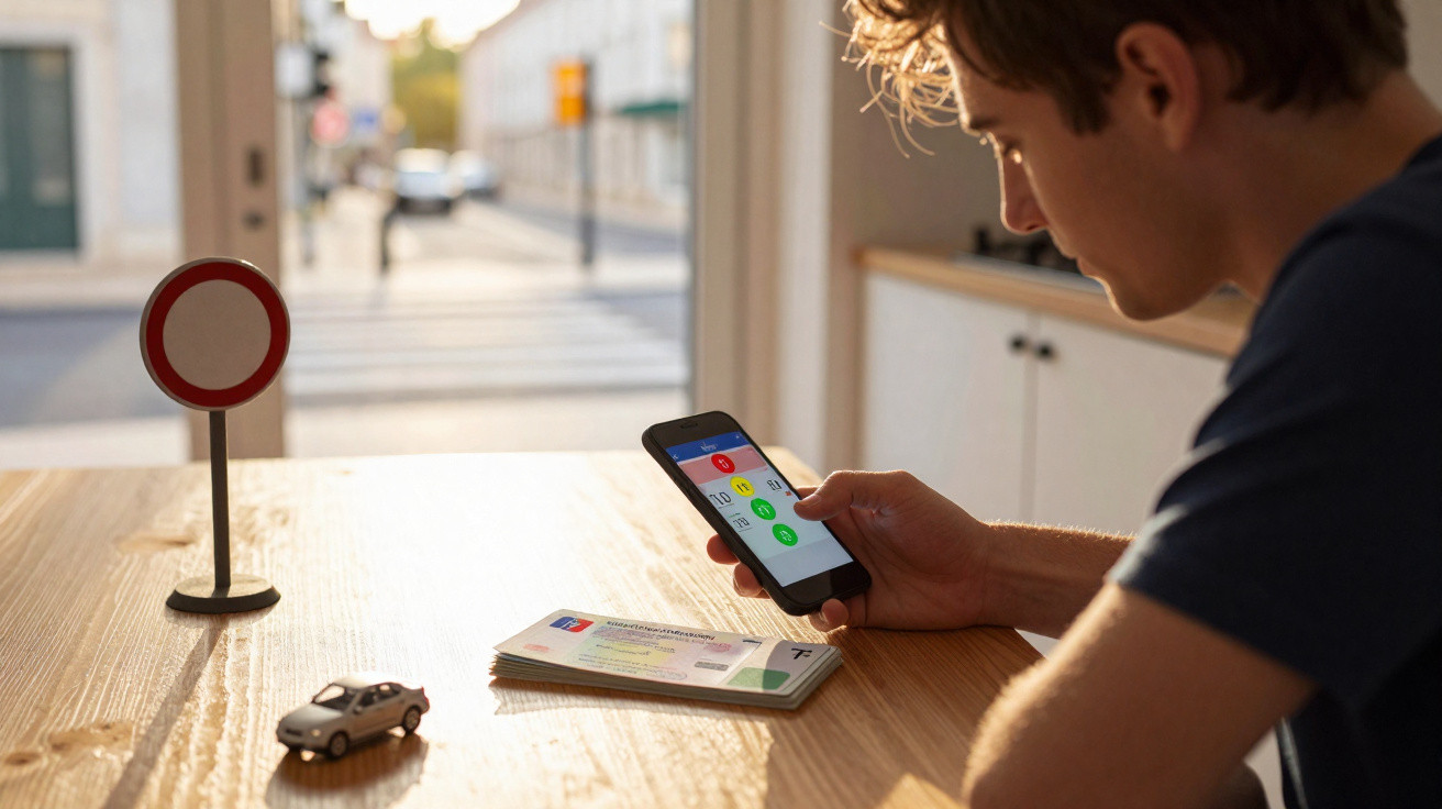 Junger Mann überprüft auf Smartphone Fahrschul-App mit Verkehrszeichen, Modellauto und Führerschein auf Tisch.