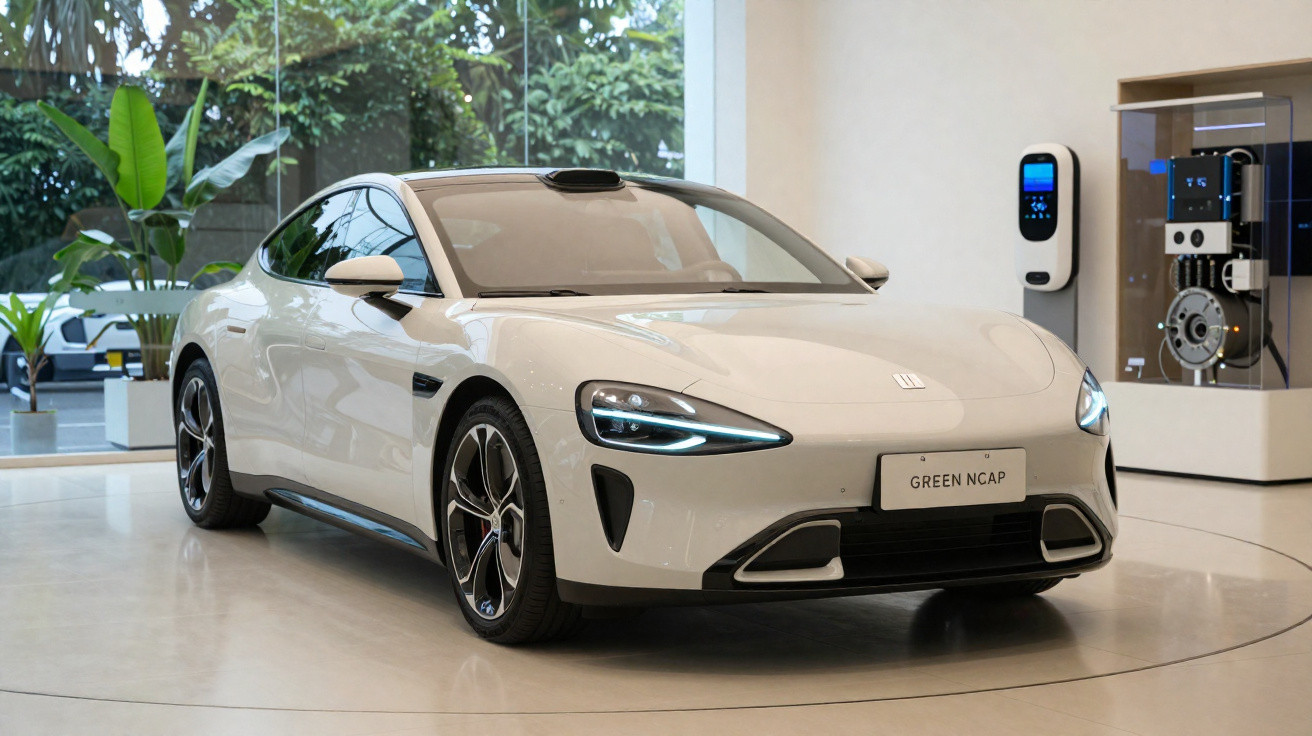 Weißes Elektroauto steht im Showroom neben Ladestation und Display mit Motorbauteilen.