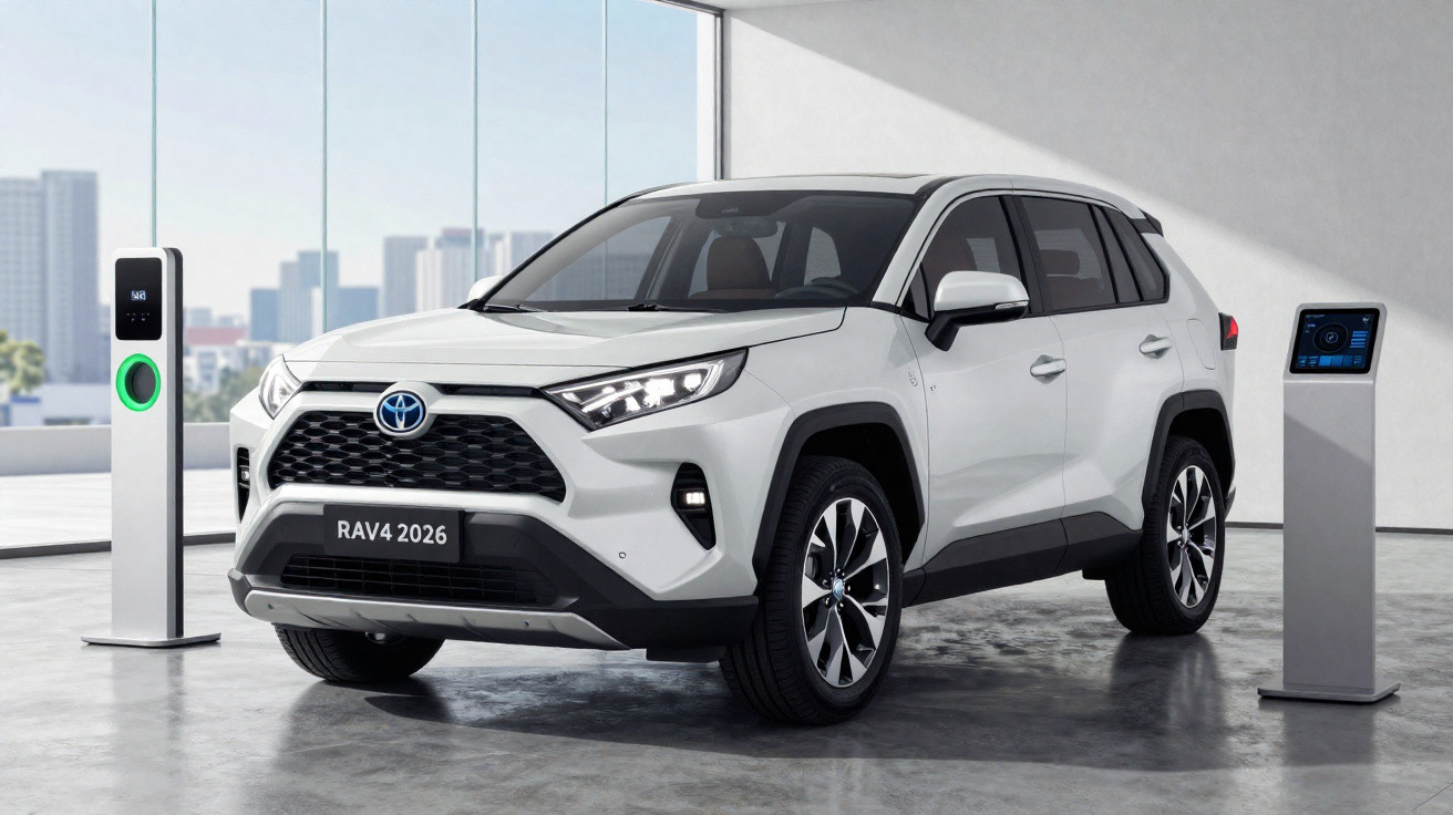 Weißer Toyota RAV4 2026 Elektro-SUV lädt an zwei Ladestationen in modernem Raum mit Glasfront.