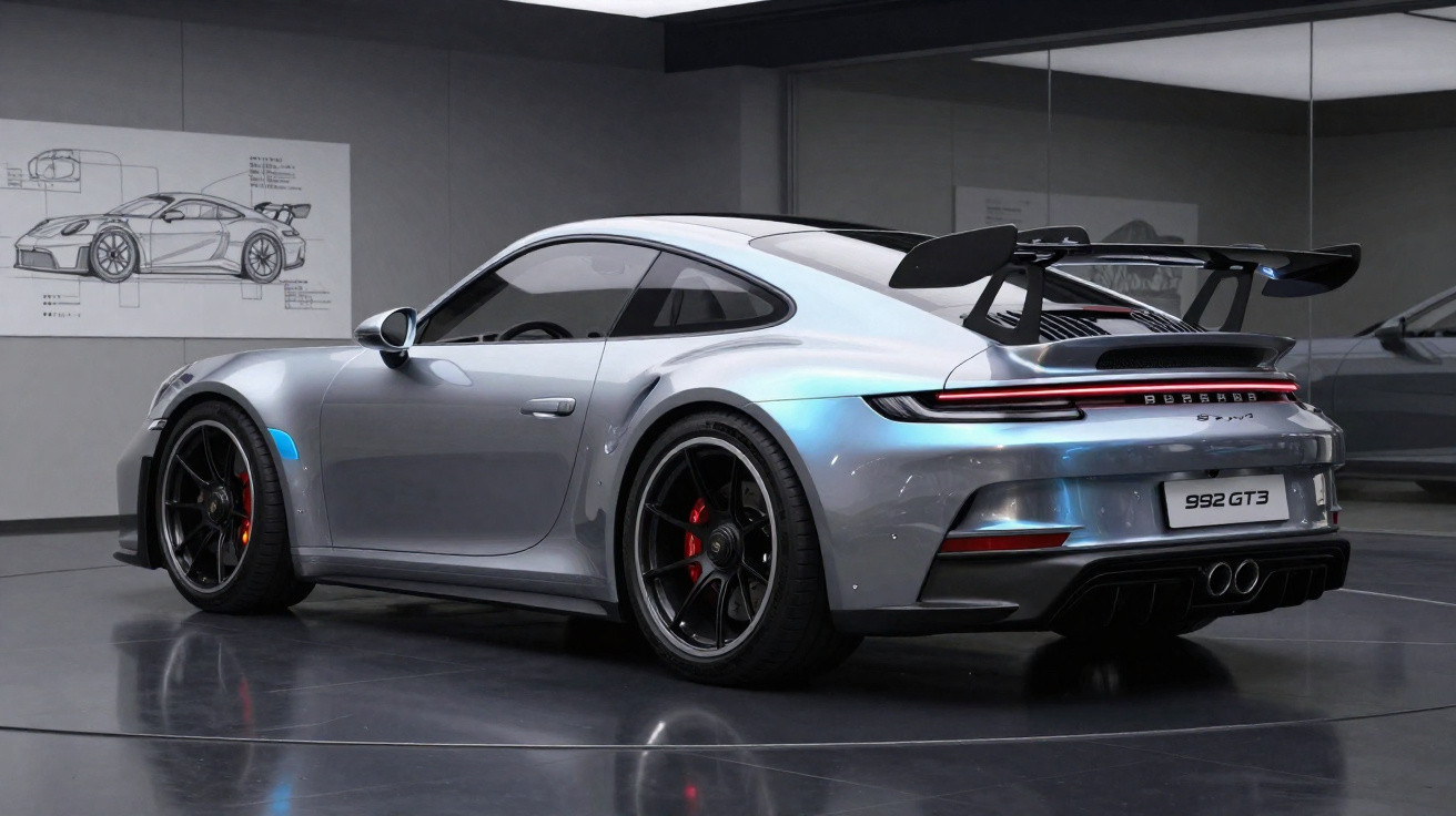 Silberner Porsche 992 GT3 mit großem Heckflügel in modernem Showroom, technische Zeichnung an der Wand.