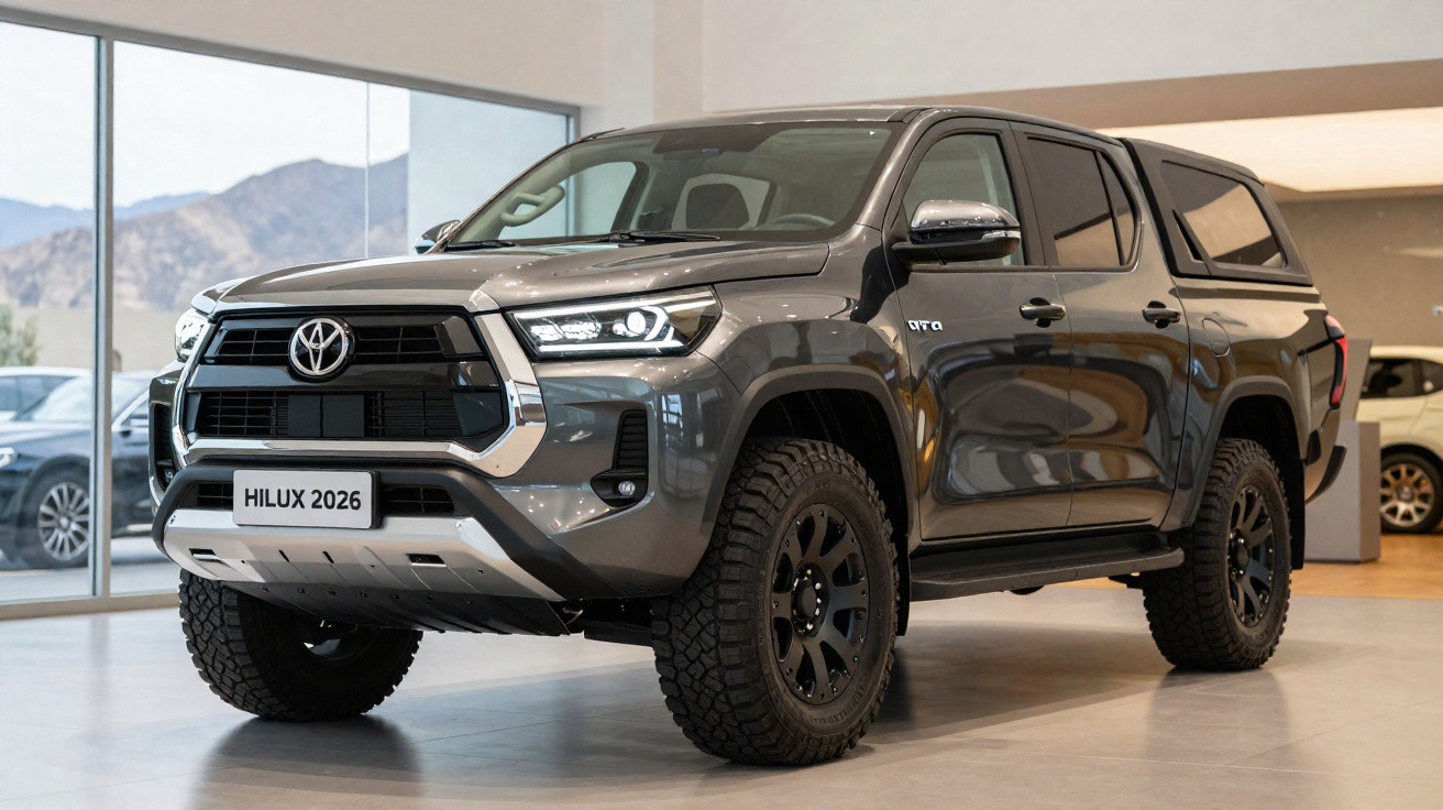 Neuer grauer Toyota Hilux 2026 Pickup mit All-Terrain-Reifen in einem hellen Autohaus.