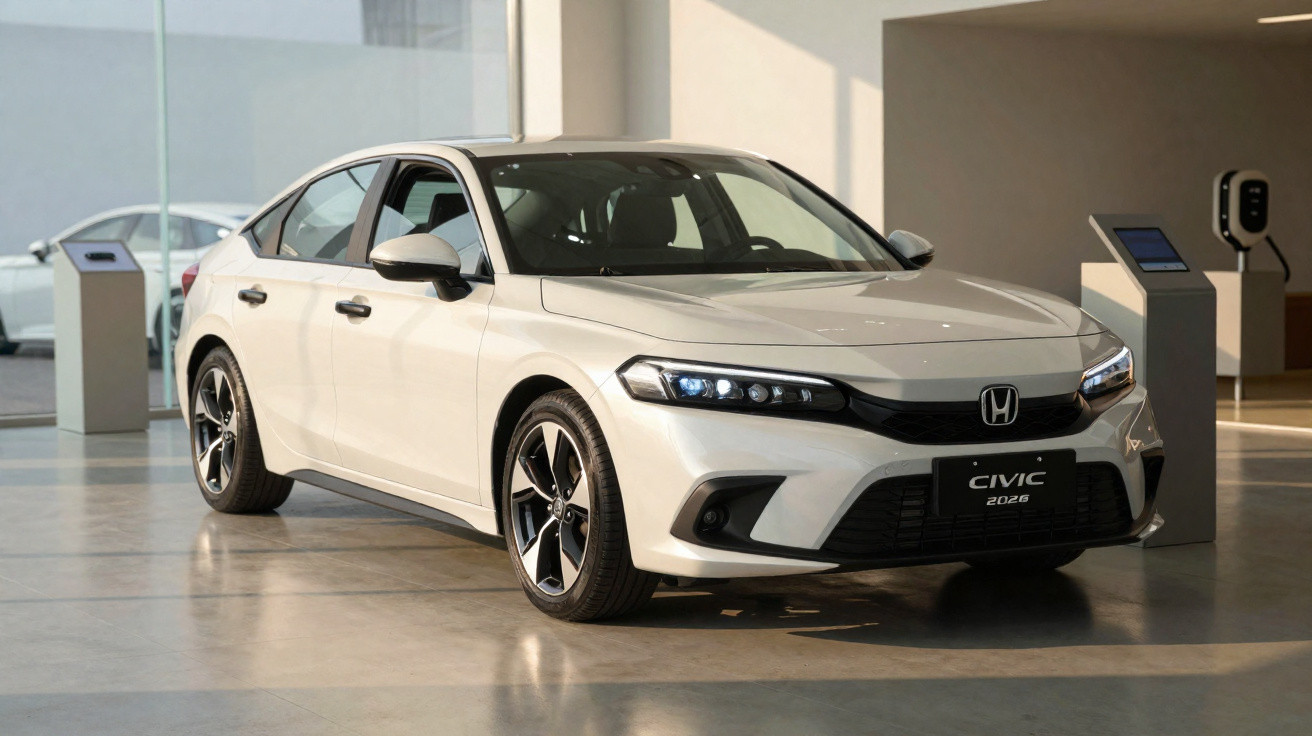 Weißer Honda Civic 2023 in moderner Ausstellungshalle mit Informationsdisplays.