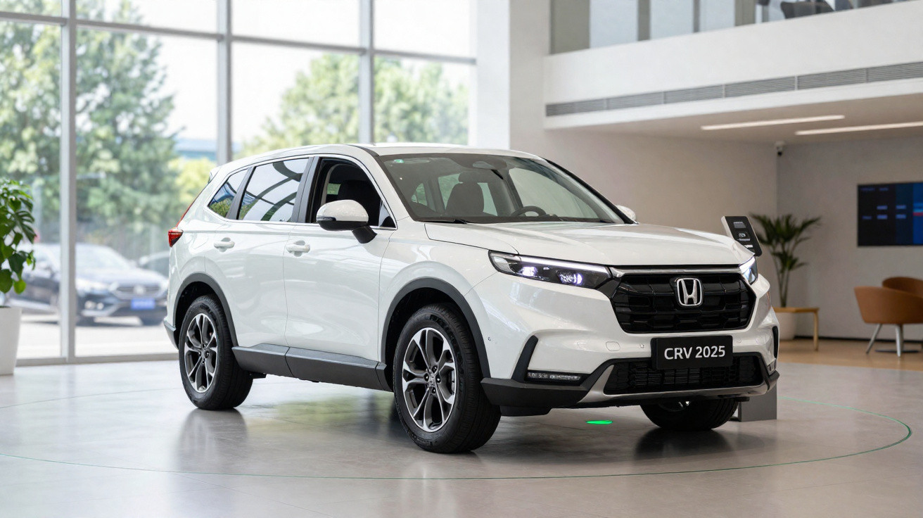 Weißer Honda CRV 2025 SUV im modernen Autohaus mit großen Fenstern und minimalistischer Einrichtung.