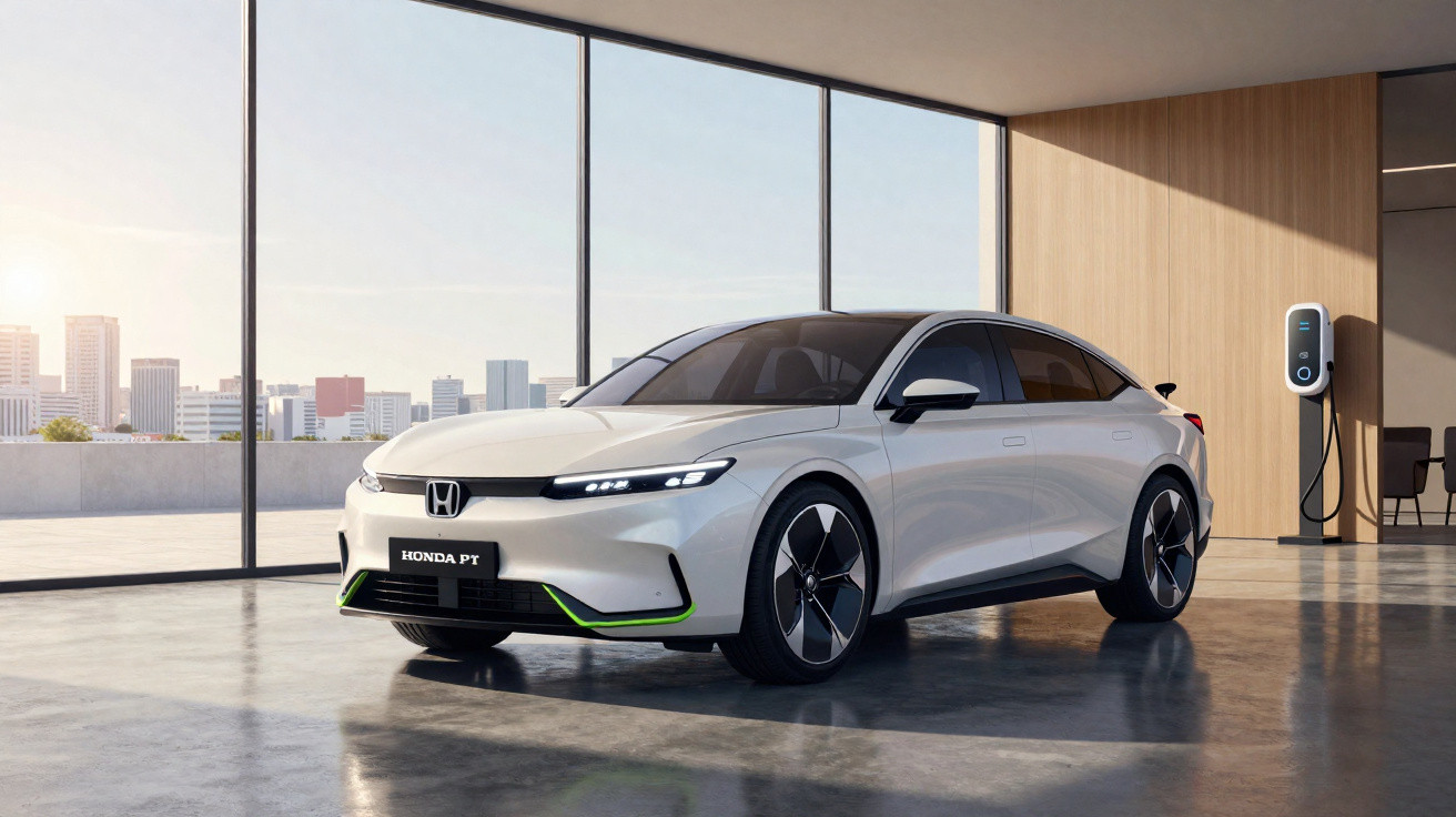 Weißes Elektroauto Honda PT in modernem Raum mit großer Fensterfront und Ladestation an der Wand.