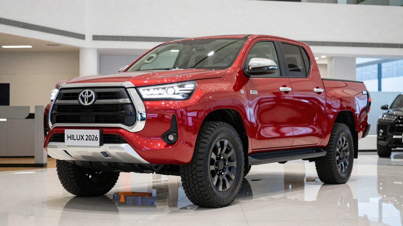 Roter Toyota Hilux 2026 Pickup in einem modernen Autohaus mit glänzendem Boden und großen Fenstern.