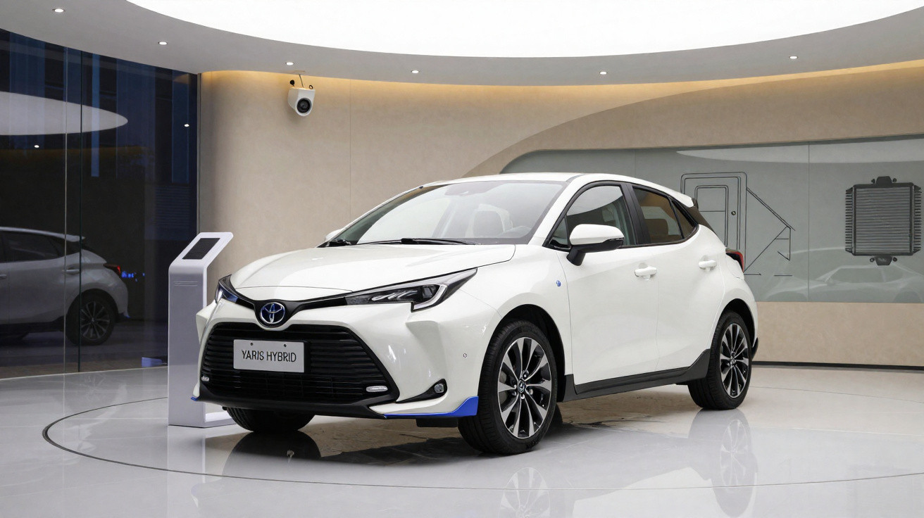 Weißer Toyota Yaris Hybrid auf glänzendem Ausstellungsboden in modern gestaltetem Raum.
