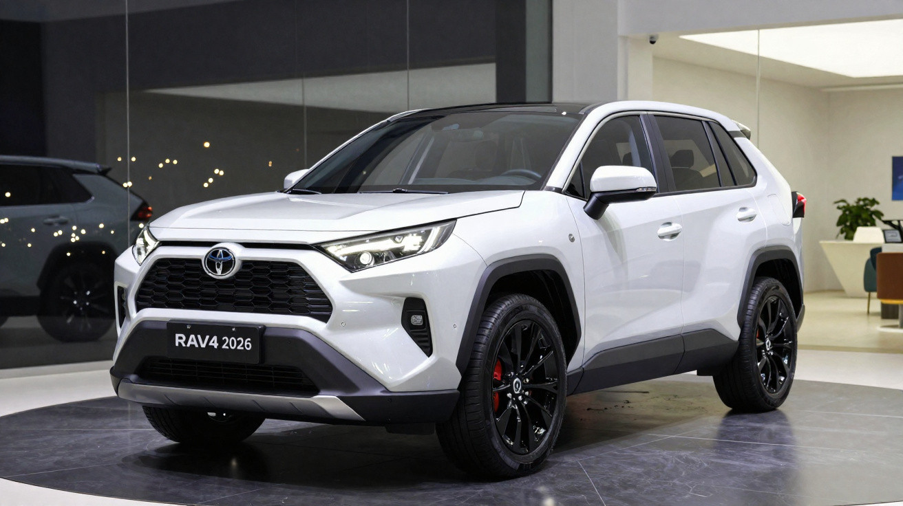 Weißer Toyota RAV4 2026 SUV mit schwarzem Dach und Felgen in modernem Ausstellungsraum.