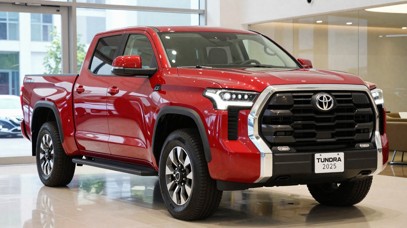 Roter Toyota Tundra Pickup 2025 im Innenraum eines Autohauses, frontal, seitlich sichtbar.