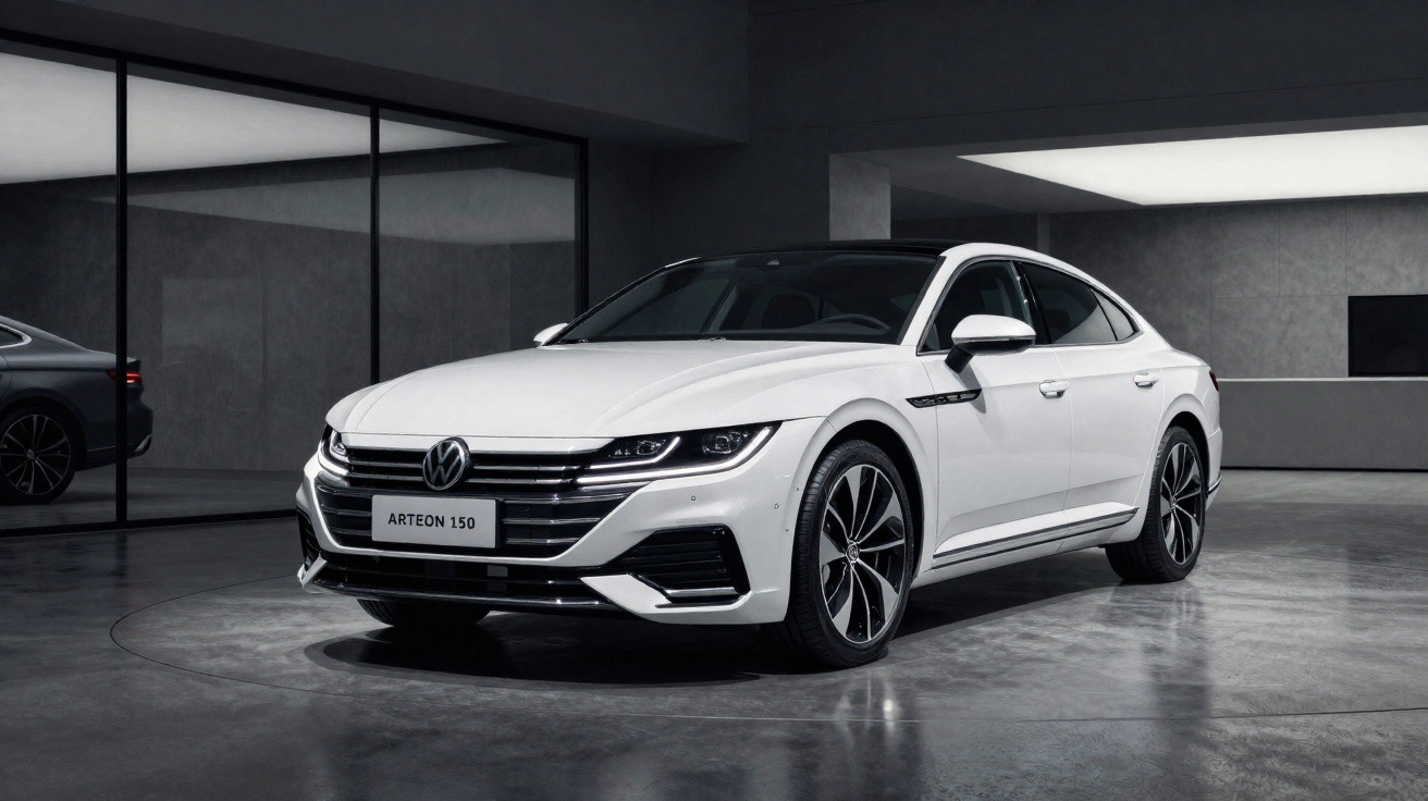 Weißer Volkswagen Arteon 150 in modernem, grauem Ausstellungsraum mit Spiegelwand und Betonboden.