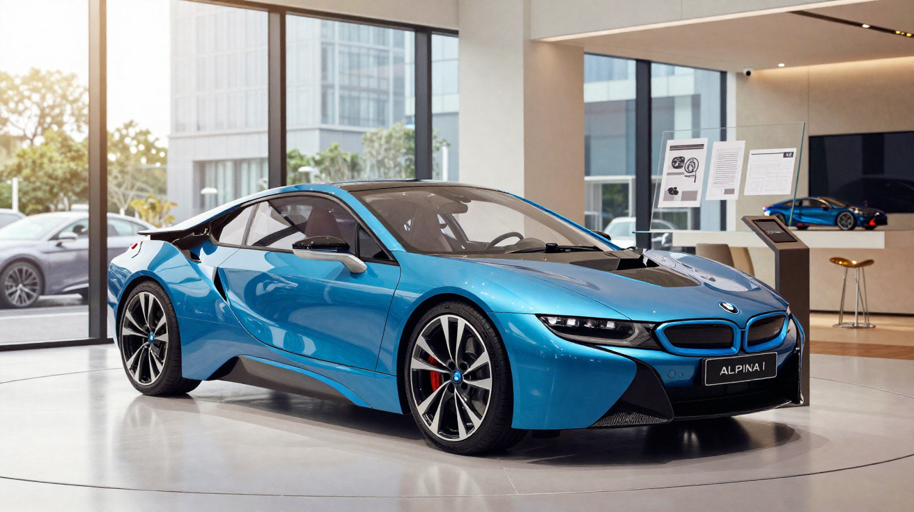 Blauer BMW i8 Sportwagen im Ausstellungsraum mit großen Fenstern und moderner Einrichtung.