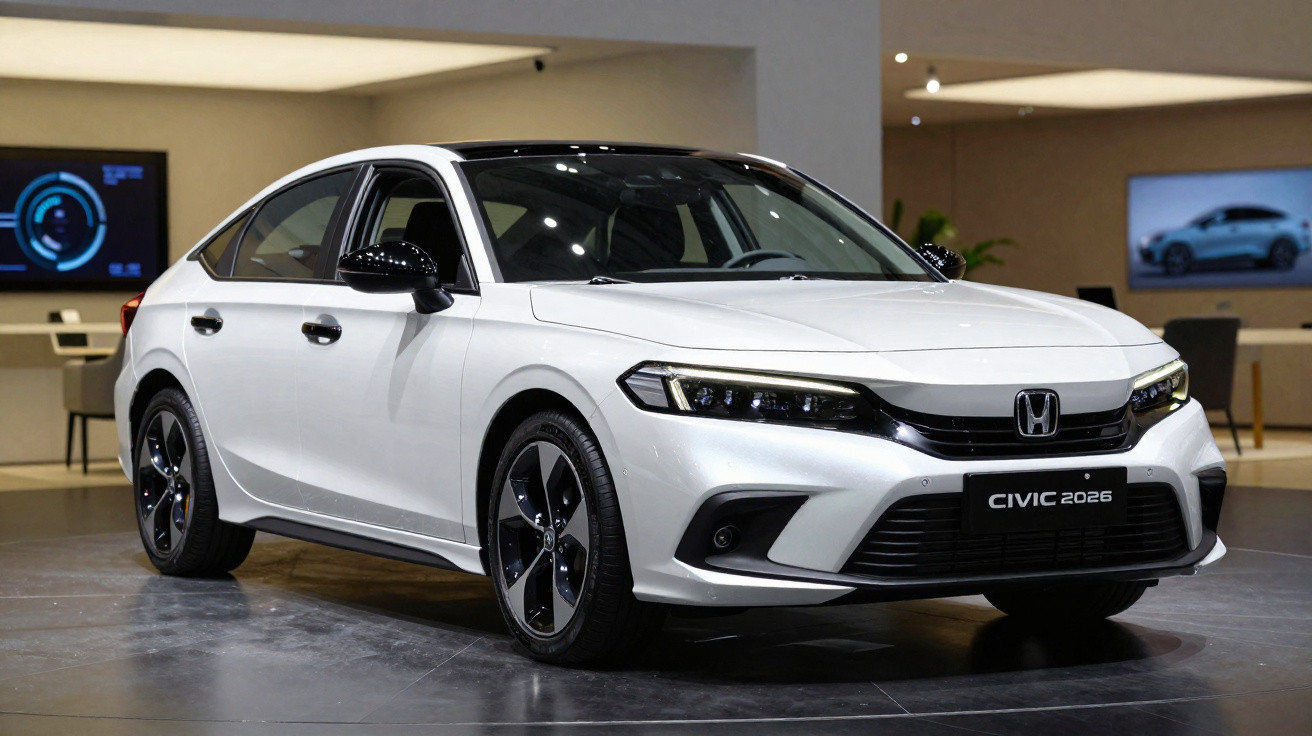Weißer Honda Civic 2026 in Ausstellung mit modernem, sportlichem Design und schwarzem Dach und Felgen.