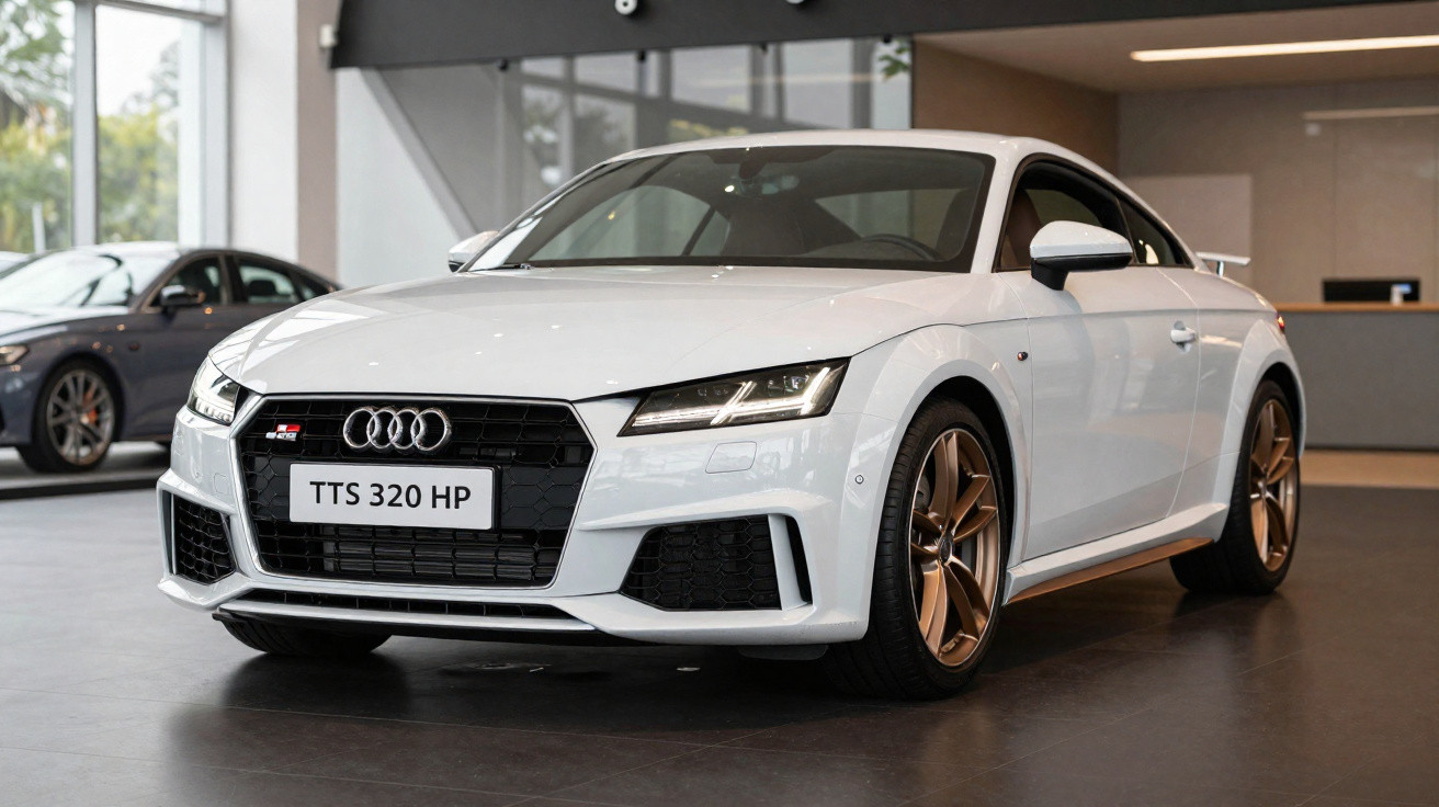 Weißer Audi TTS Sportwagen mit 320 PS in einem modernen Autohaus, Frontansicht leicht von rechts.