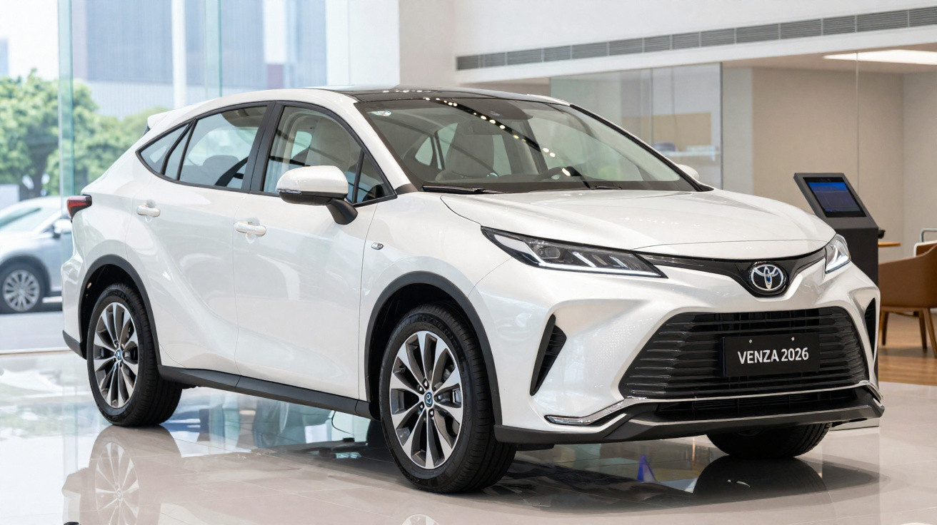 Weißer Toyota Venza 2026 SUV im Showroom mit modernem Design und glänzendem Lack.