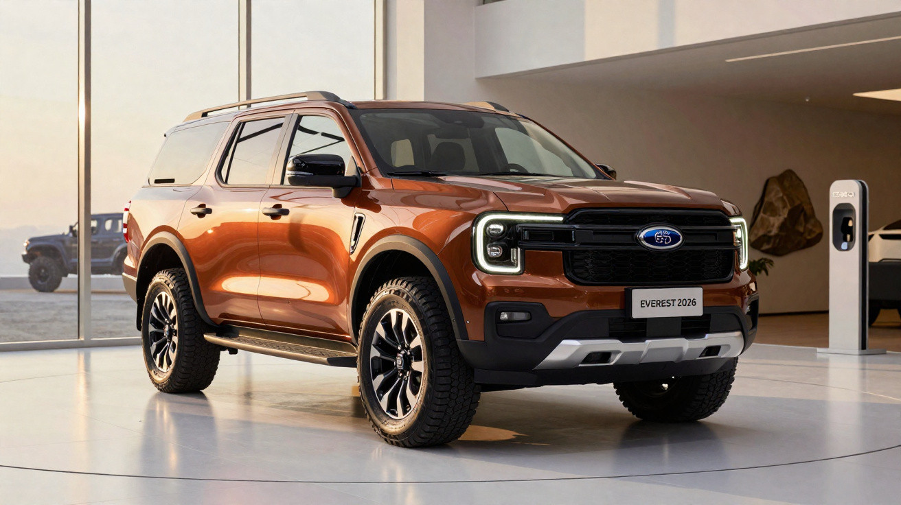 Brauner Ford Everest 2026 SUV im modernen Showroom mit großen Fenstern und Ladegerät im Hintergrund.