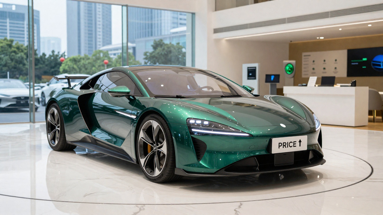 Grüner Sportwagen in hellem Showroom mit großer Scheibe und modernen Gebäuden im Hintergrund.