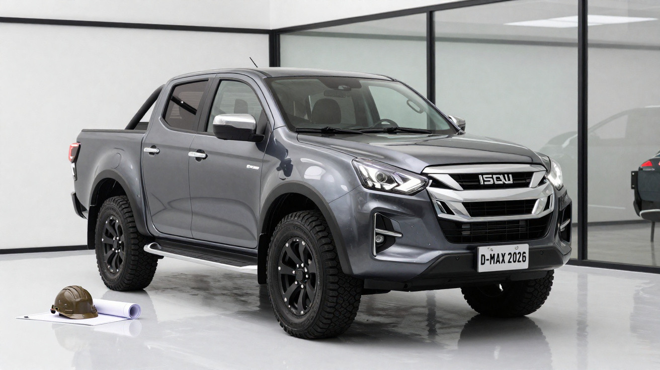 Grauer Isuzu D-Max Pickup mit All-Terrain-Reifen in modernem Showroom neben Helm und Bauplänen.
