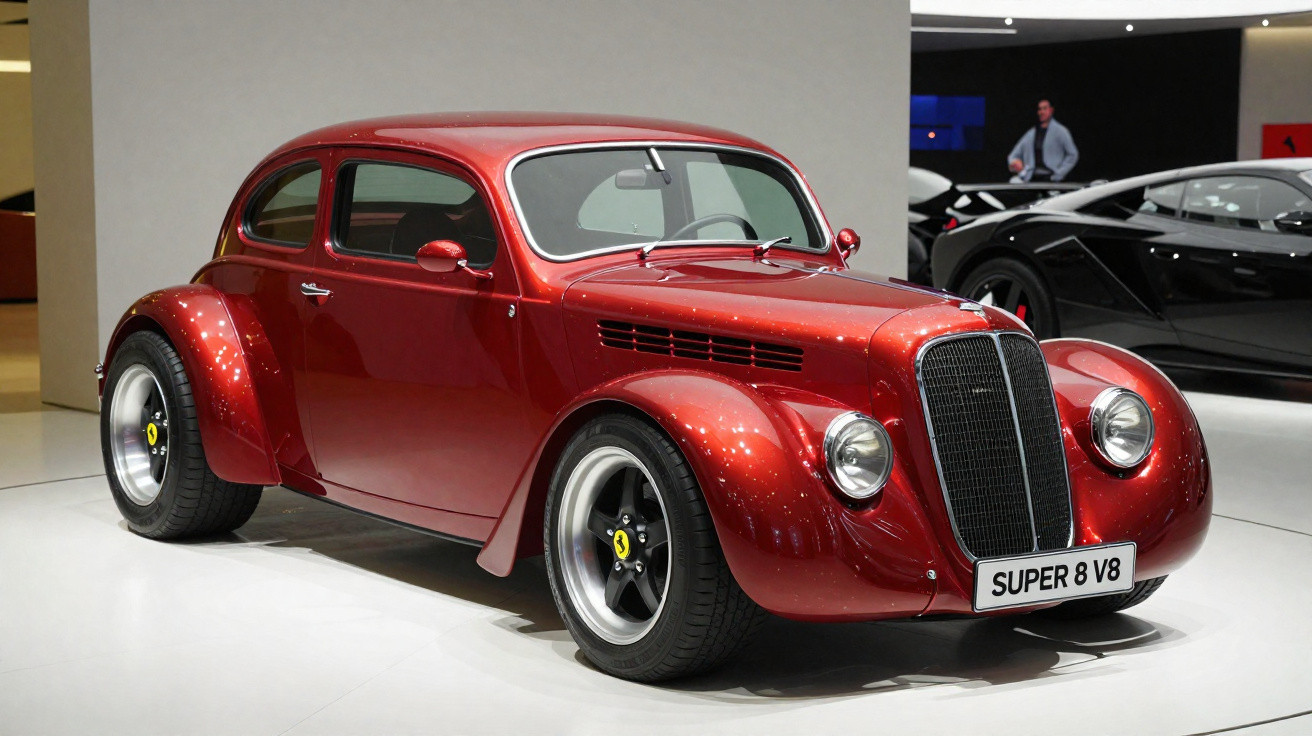 Roter klassischer Oldtimer mit breiten Reifen und "SUPER 8 V8" Kennzeichen in einer Ausstellung.