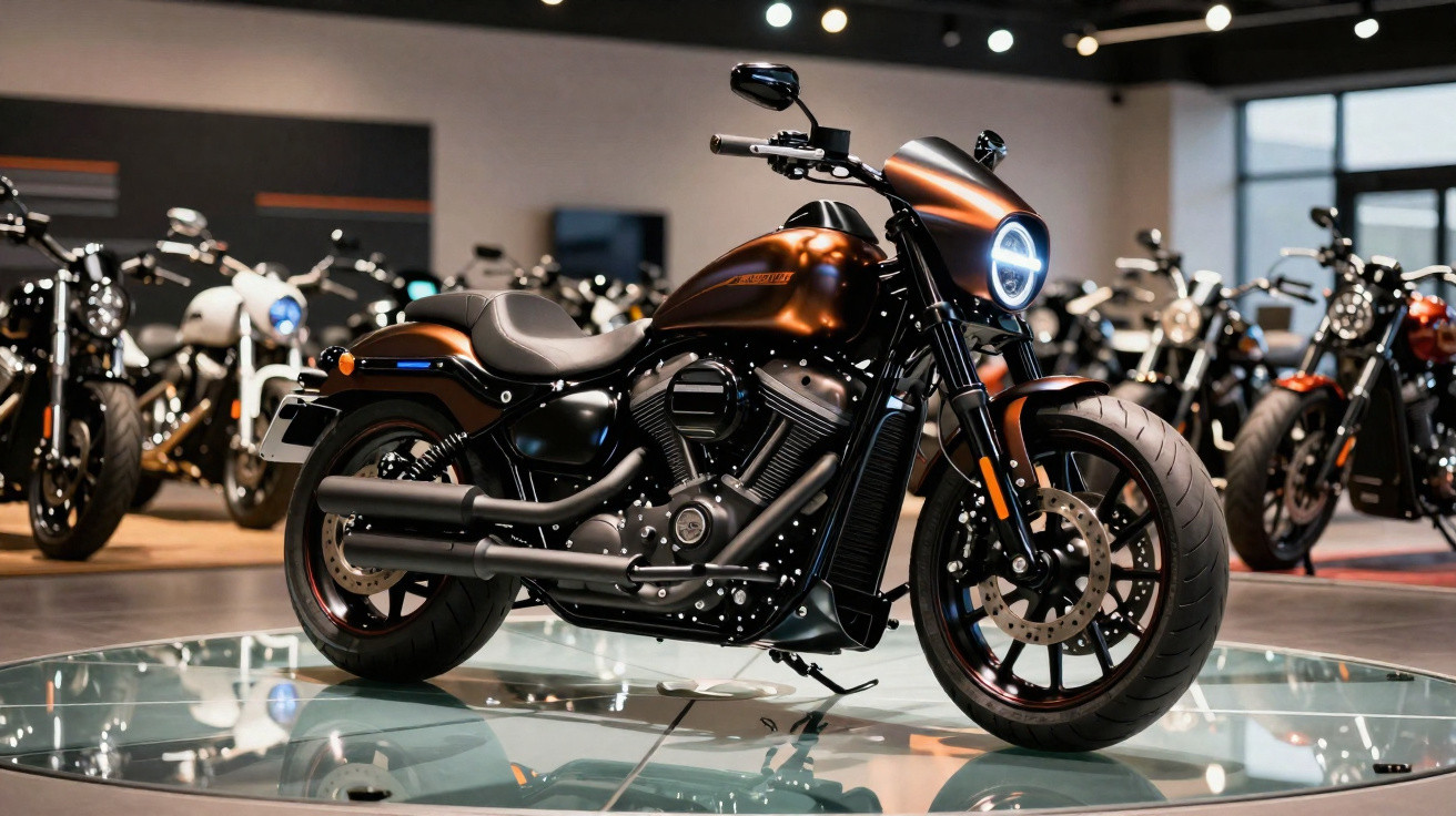 Schwarzes Motorrad mit LED-Scheinwerfer in einem Ausstellungsraum mit weiteren Motorrädern im Hintergrund