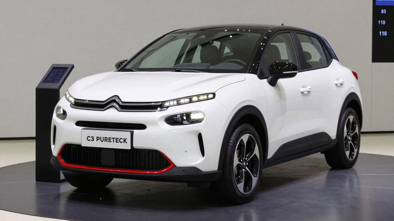 Weißer Citroën C3 PureTech mit schwarzem Dach auf Ausstellung, Vorderansicht leicht seitlich.