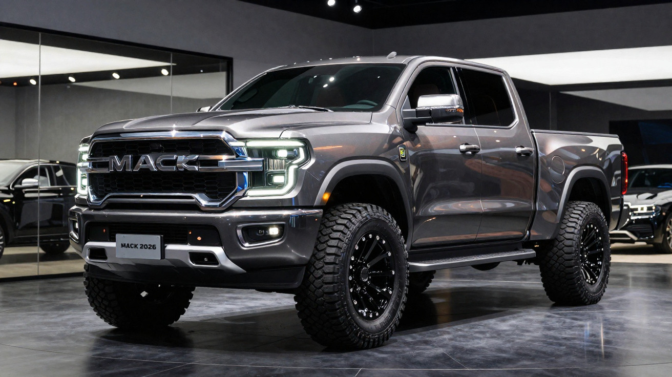Grau-metallic Mack 2026 Pickup mit robuster Offroad-Bereifung in Innenraum-Ausstellung.