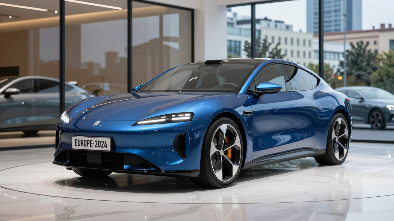 Blauer Sportwagen mit LED-Scheinwerfern und EUROPE-2024 Kennzeichen in modernem Ausstellungsraum.