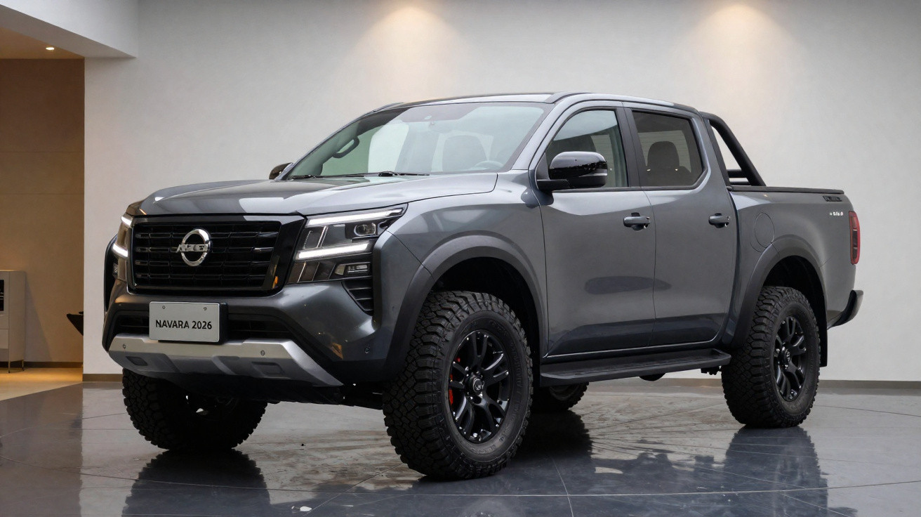 Grauer Nissan Navara 2026 Pickup mit kräftigen Reifen und moderner Front in Innenraum-Austellung.
