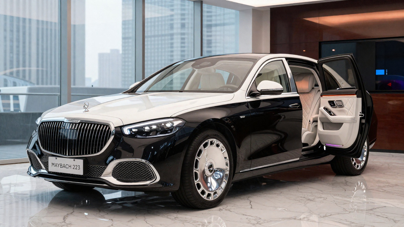 Schwarzer und weißer Maybach 223 mit geöffneter Hintertür in modernem Showroom mit Marmorfußboden.