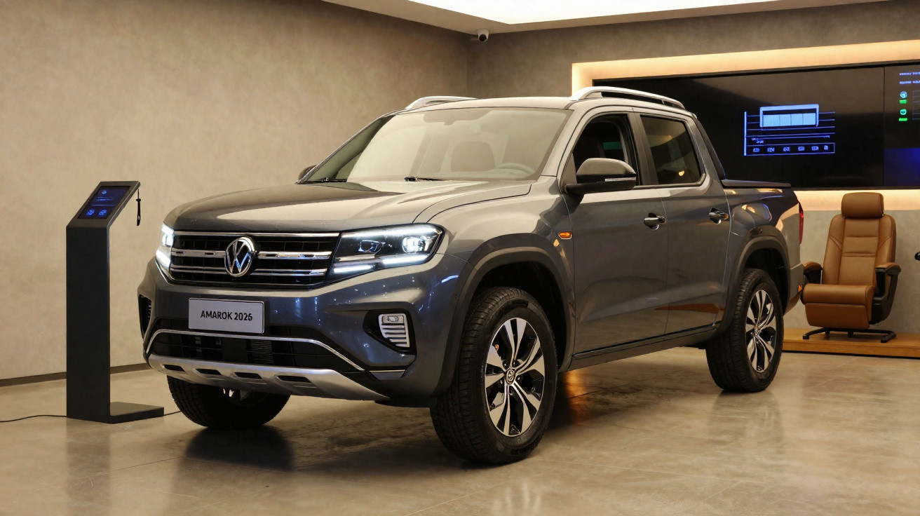 Grauer Volkswagen Amarok 2026 Pickup steht in modernem Ausstellungsraum mit digitaler Anzeigetafel.