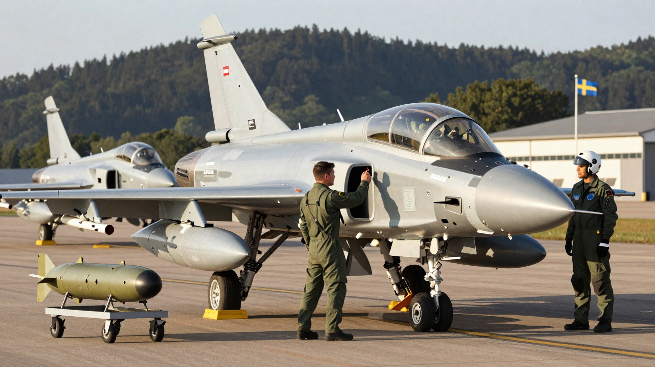 Zwei Kampfjets auf Rollfeld mit zwei Piloten in Einsatzanzügen und einer an der Tür des vorderen Flugzeugs.