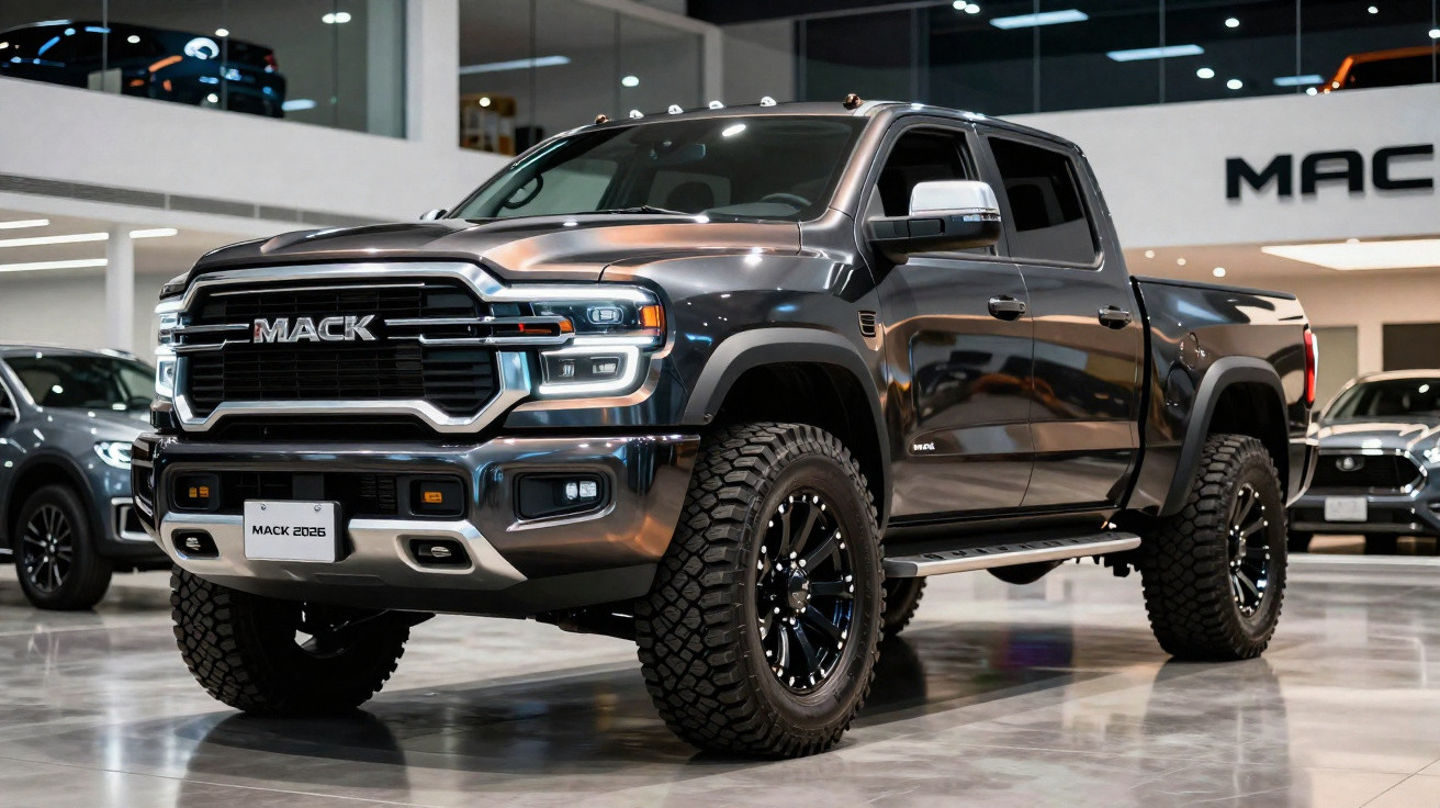 Schwarzer MACK Pickup-Truck mit großen Offroad-Reifen in modernem Autohaus, Frontansicht schräg.