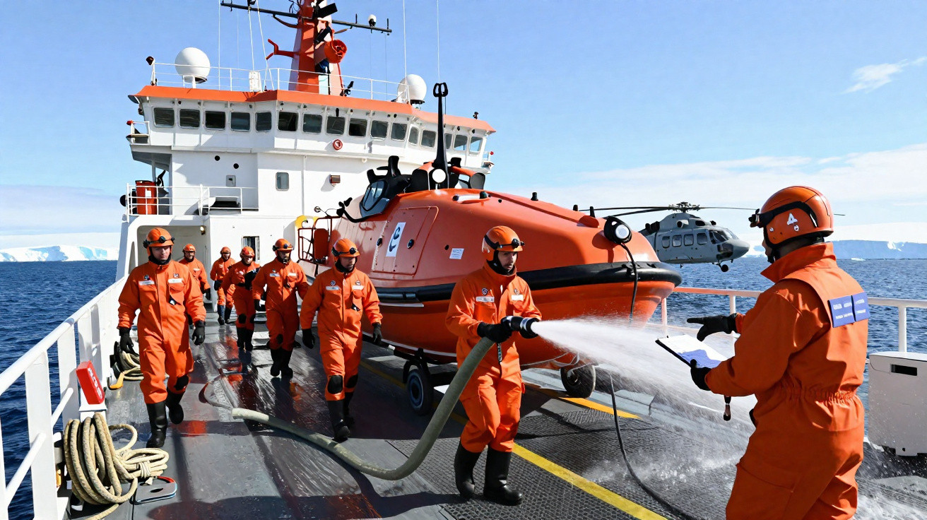 Crew in orangener Schutzkleidung reinigt Deck eines Forschungsschiffs mit Rettungsboot und Hubschrauber im Hintergrund.