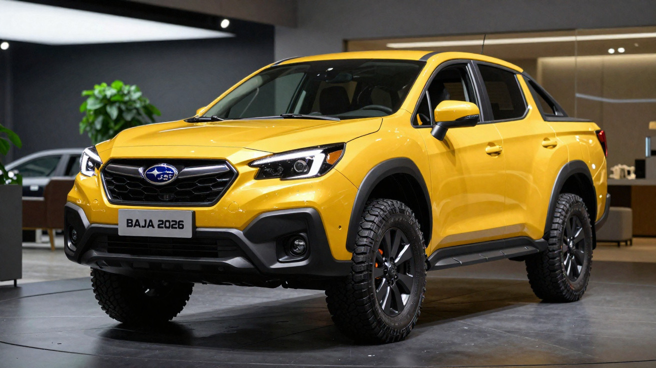 Gelber Subaru Baja 2026 Pick-up mit Offroad-Reifen in moderner Ausstellungshalle.