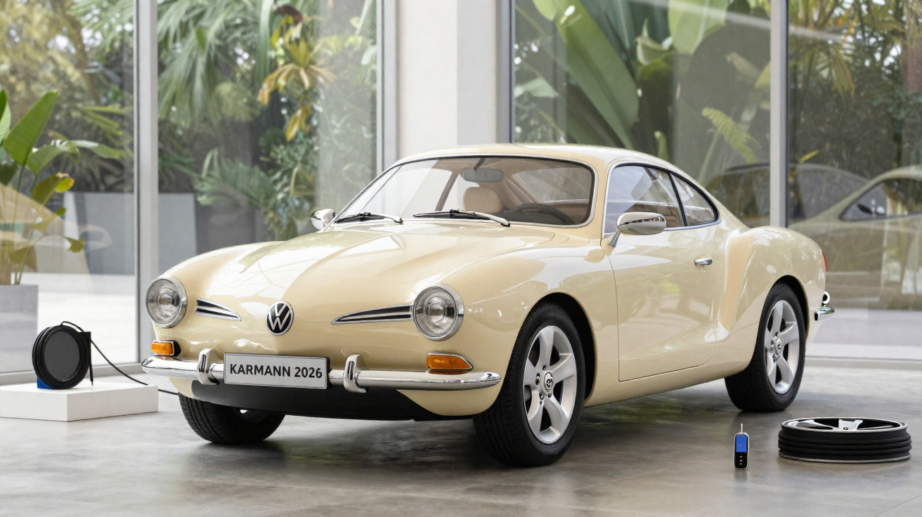 Beiger VW Karmann 2026 Elektroauto lädt in modernem Innenraum neben Ersatzrad und Ladekabel
