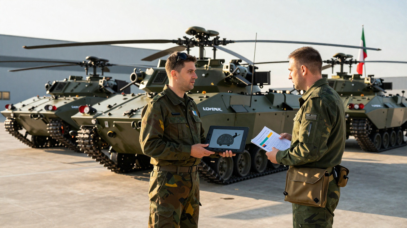 Zwei Soldaten im Gespräch vor drei gepanzerten Militärfahrzeugen mit Ketten und drehbaren Geschütztürmen.