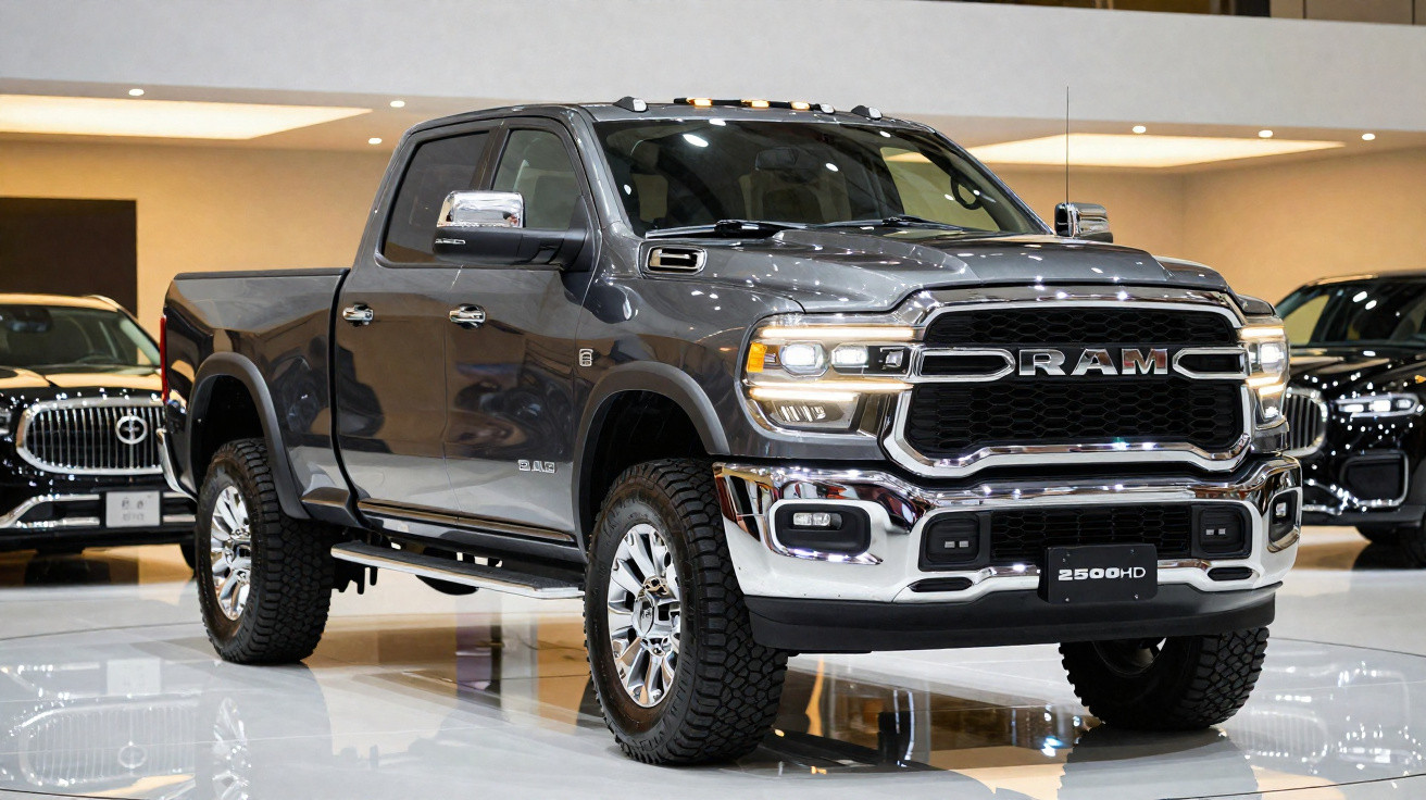 Grauer RAM 2500HD Pick-up Truck in einer Ausstellungshalle mit glänzenden Chromakzenten.