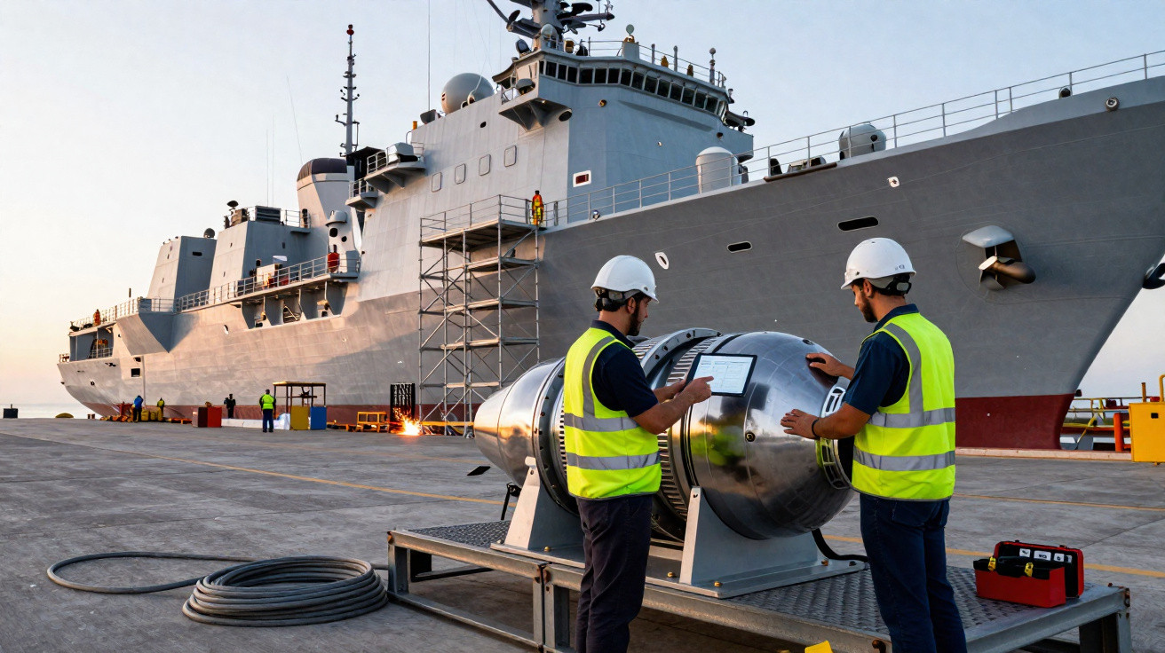 Zwei Ingenieure mit Schutzhelm und Warnweste überprüfen ein Gerät vor einem großen grauen Kriegsschiff im Hafen.