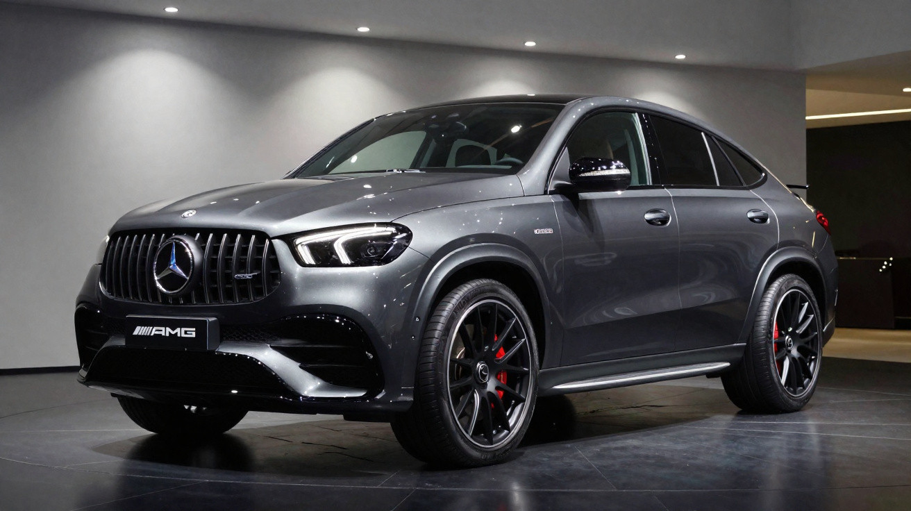 Mercedes-Benz AMG SUV in metallicgrau mit schwarzen Akzenten und roter Bremszange in modernem Showroom