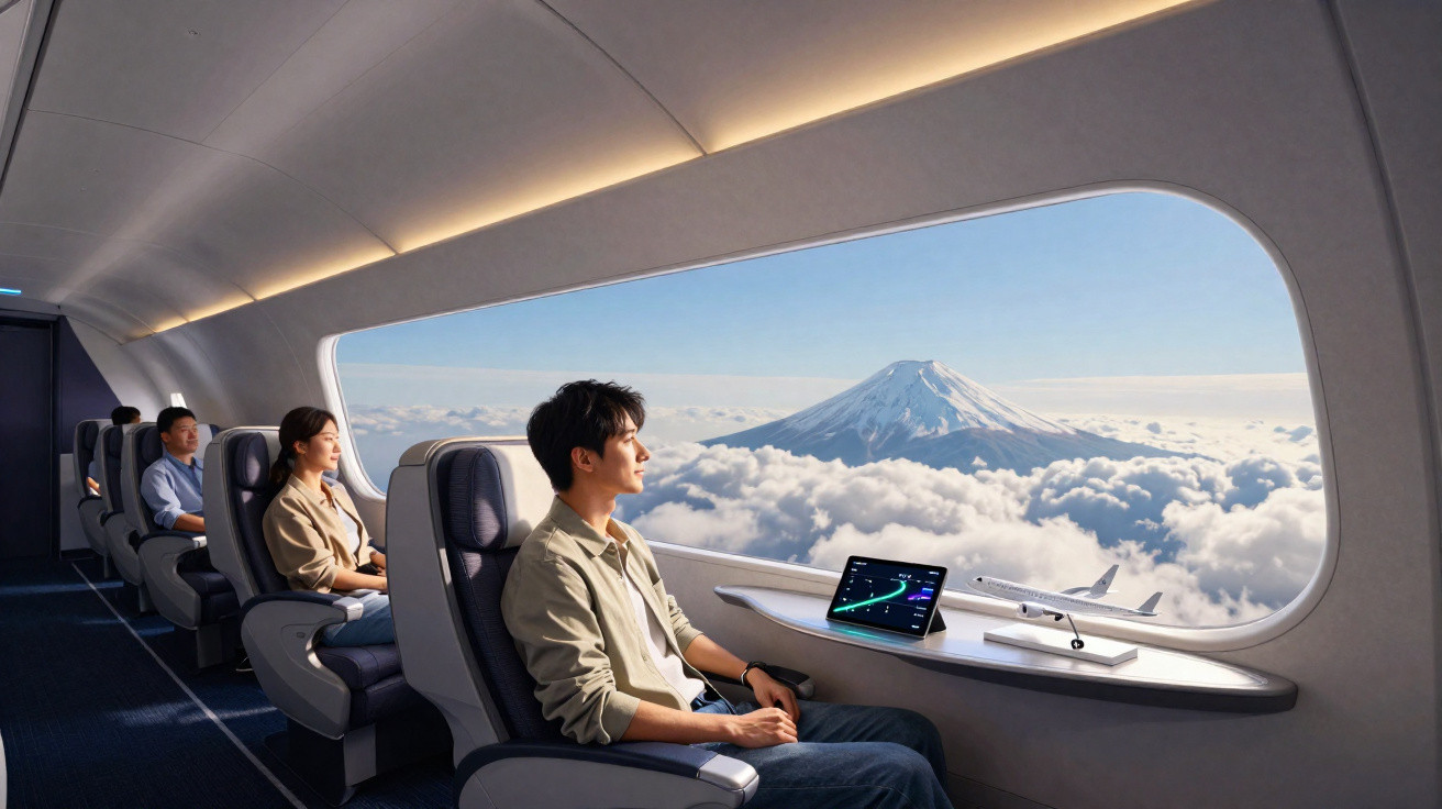 Passagiere sitzen in einem Flugzeug mit riesigem Panorama-Fenster und Blick auf Berg und Wolken.