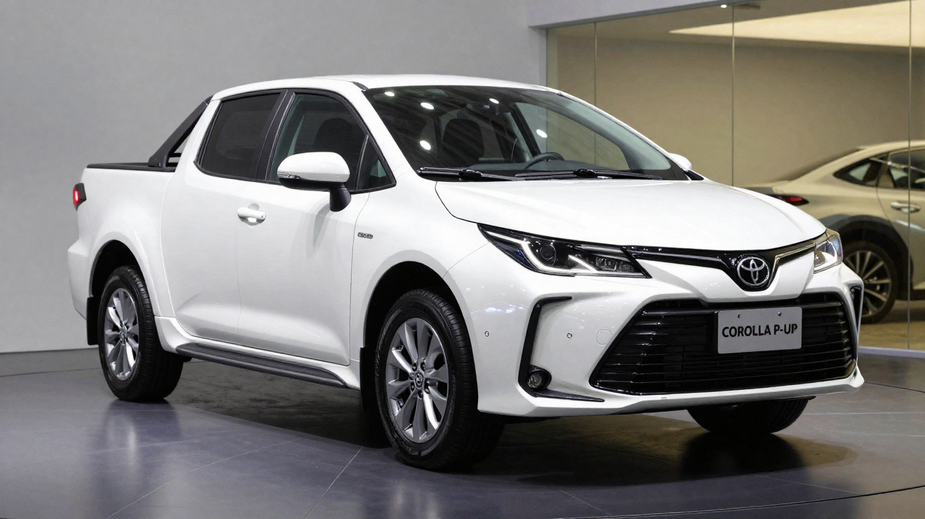 Weißer Toyota Corolla P-Up Pick-up vor grauer Wand in Ausstellungsraum.